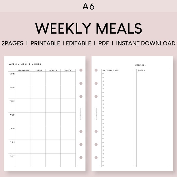 A6 Meal Weekly Planner Grid Printable Inserts | Edit Menu Planning Template | Grocery Shopping List | Vegan Diet Plan Worksheet | Meal Prep