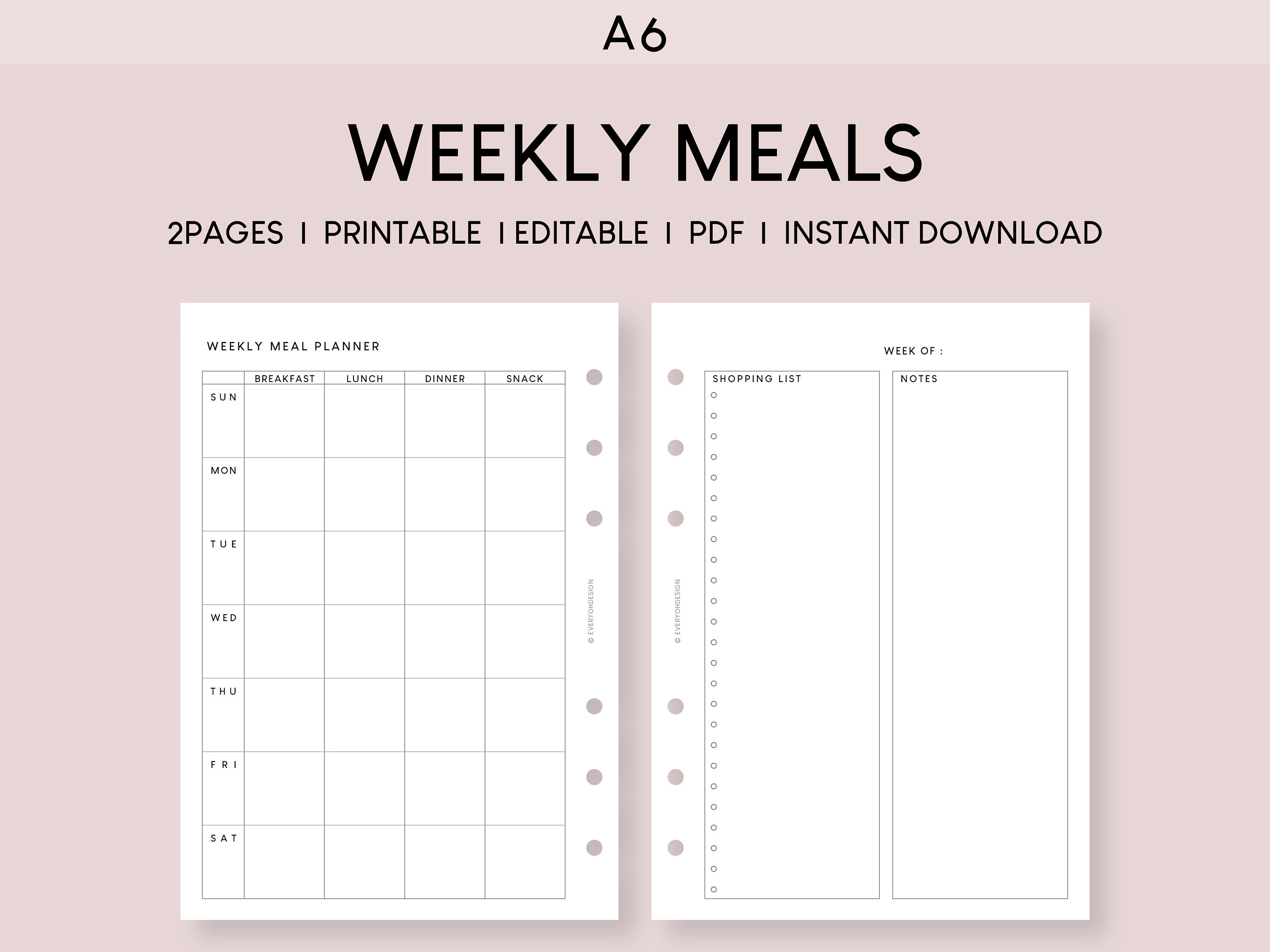 A6 Meal Weekly Planner Grid Printable Inserts Edit Menu - Etsy