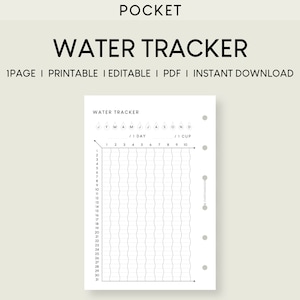 Op de afbeelding: Een afdrukbare watertrackerpagina voor een pocketplanner. De pagina heeft een raster met 30 rijen en 10 kolommen. Het raster is gelabeld met de nummers 1-30 aan de linkerkant en 1-10 aan de onderkant. Bovenaan de pagina staat de tekst "WATER TRACKER" en de maanden van het jaar staan bovenaan vermeld.