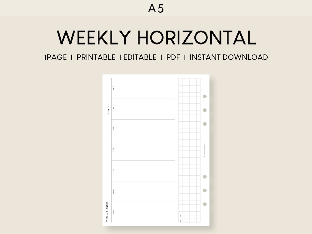 Weekly Planner Horizontal A5 Inserts | Printable Undated Planner ...