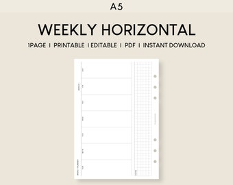 May include: A5 size printable weekly planner with horizontal layout. The planner has a gridded section for notes and a section for each day of the week. The planner is designed for use with a disc bound system.