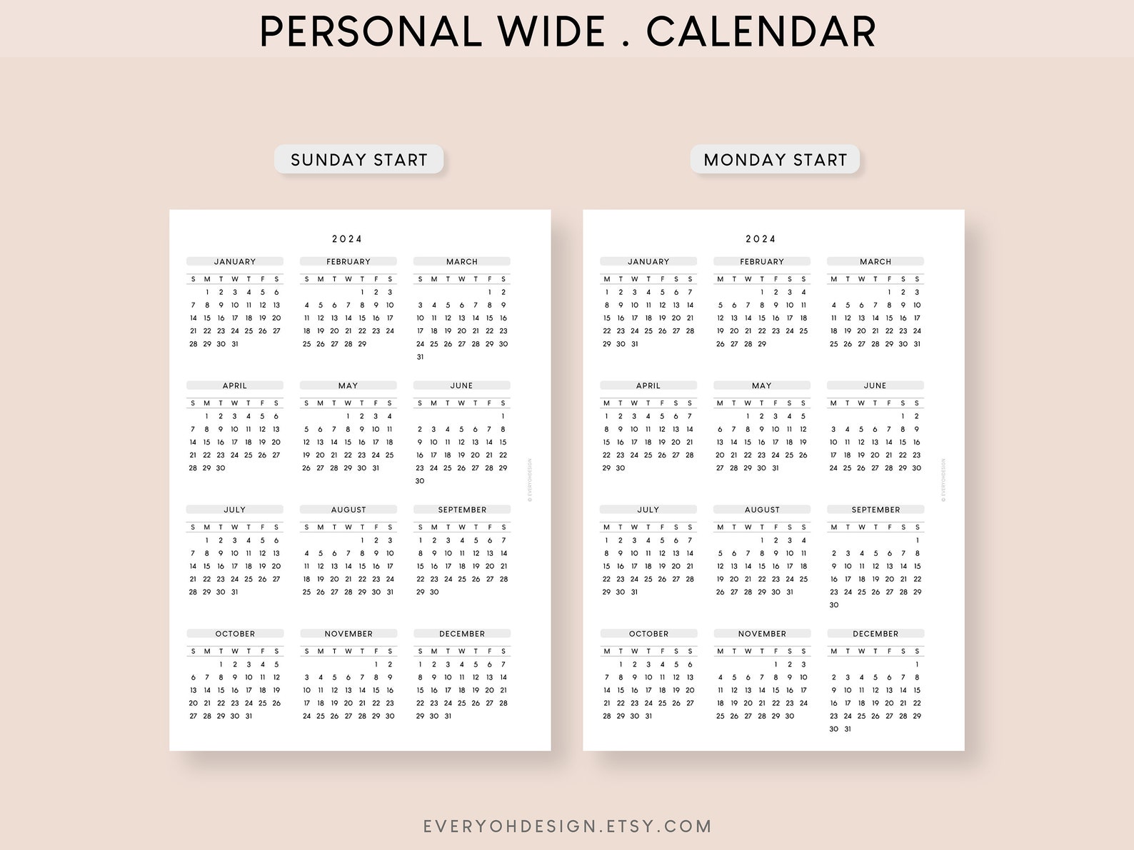 Personal Wide 2024 Calendar Printable Planner Insert Dated Yearly ...