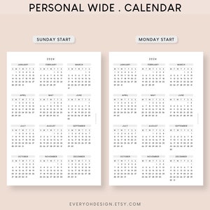 Personal Wide 2024 Calendar Printable Planner Insert Dated Yearly ...