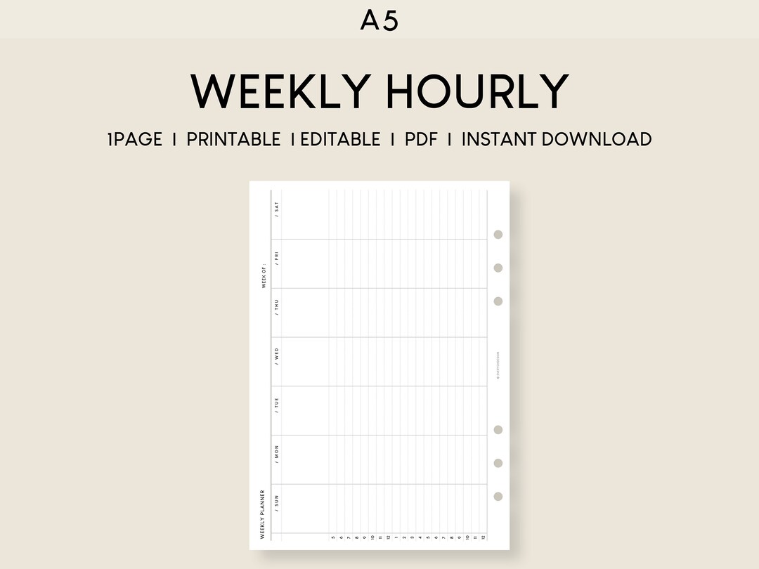A5 Weekly Hourly Planner Printable: Minimalist Scheduler (digital ...