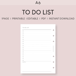 May include: A printable to-do list template in A6 size. The template has a simple design with a title "TO DO LIST" and a section for notes.
