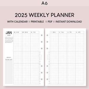 A6 2025 Weekly Planner with Calendar Printable Insert | Dated Hourly Planning Template | Week On Two Pages | 52 Week Schedule Agenda