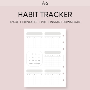 May include: A white printable habit tracker with a grid layout for tracking habits. The text "HABIT TRACKER" is at the top, with "1PAGE | PRINTABLE | PDF | INSTANT DOWNLOAD" below. A section is labeled "HABIT TRACKER" with numbers 1-12.