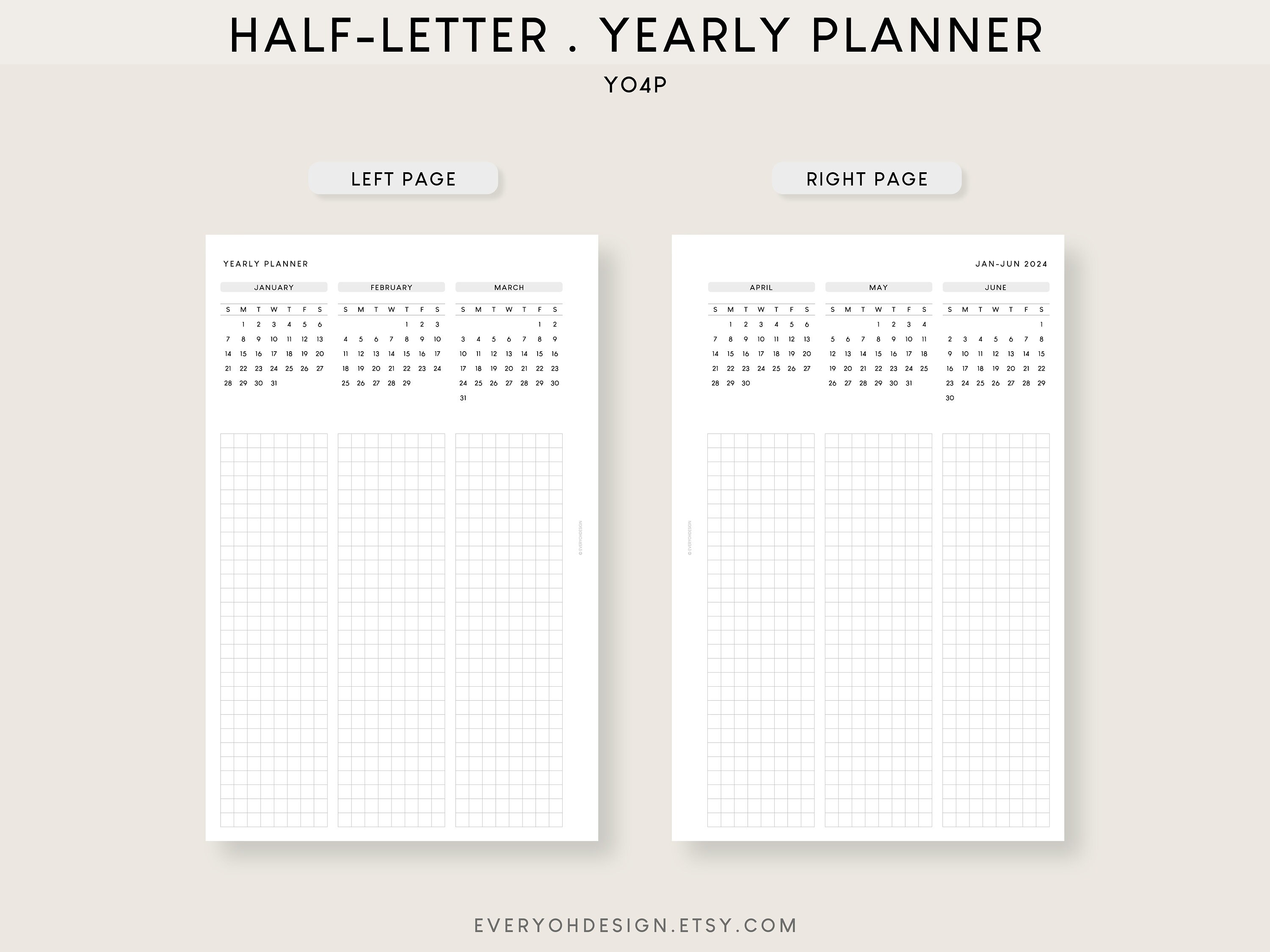 Half-letter 2024 Calendar Yearly Printable Planner Dated Future Log ...