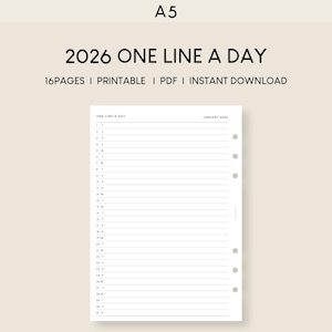 Diário One Line A Day 2026: Agenda minimalista A5 (PDF)