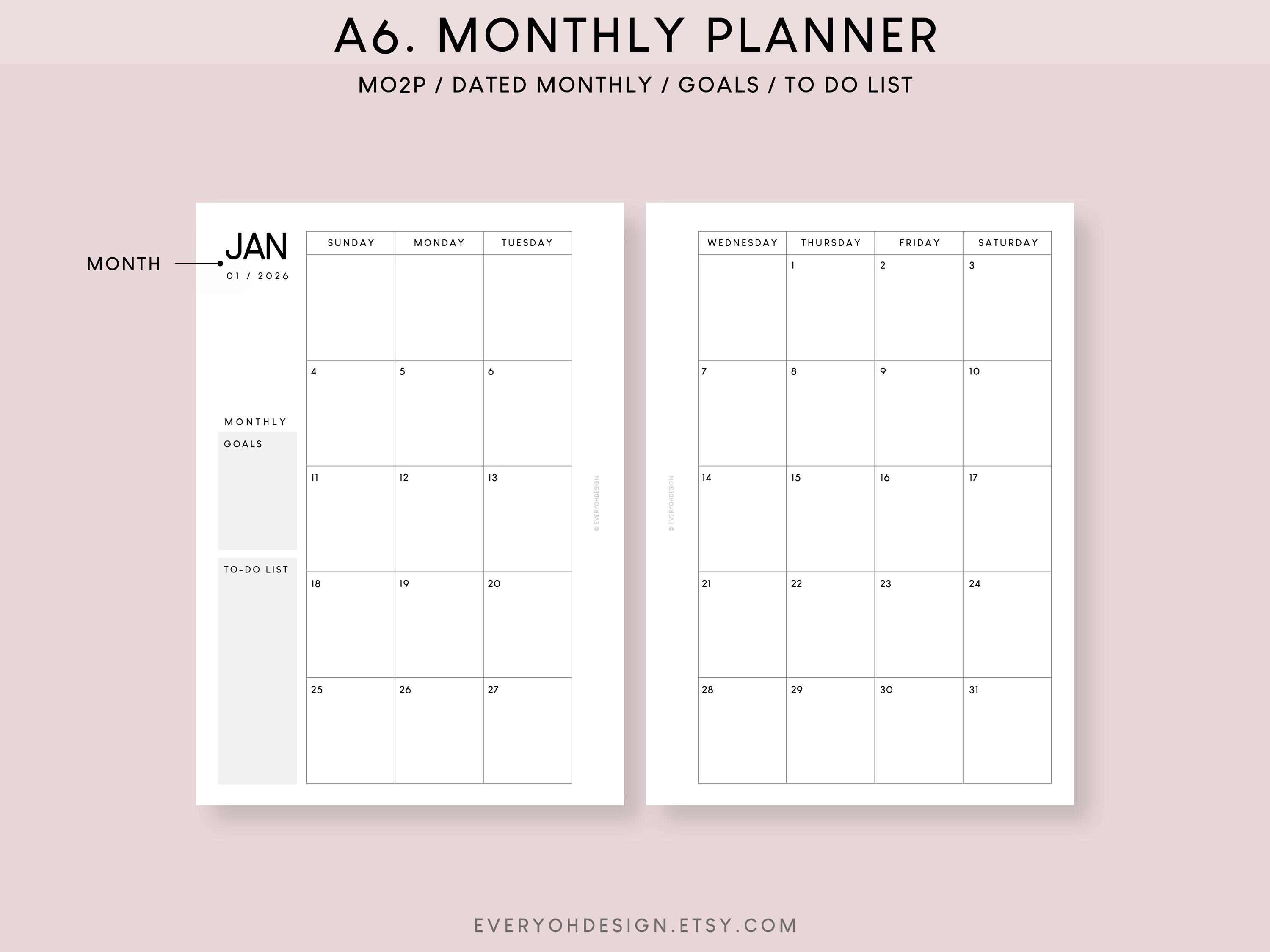 2026 A6 Monthly Calendar Printable Inserts (included Editable PDF) - Etsy
