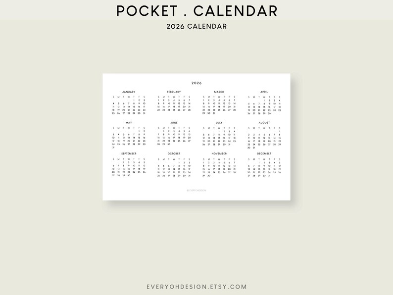 2026 Pocket Calendar Printable Inserts: Horizontal Layout (PDF) - Etsy