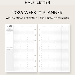 2026 Weekly Planner Half-Letter Printable: Hourly Schedule (PDF)