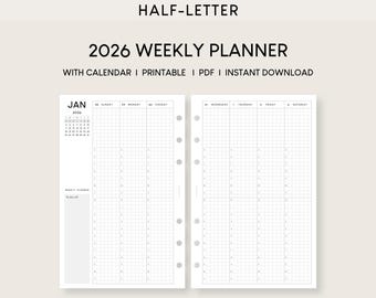 2026 Weekly Planner Half-Letter Printable: Hourly Schedule (PDF)