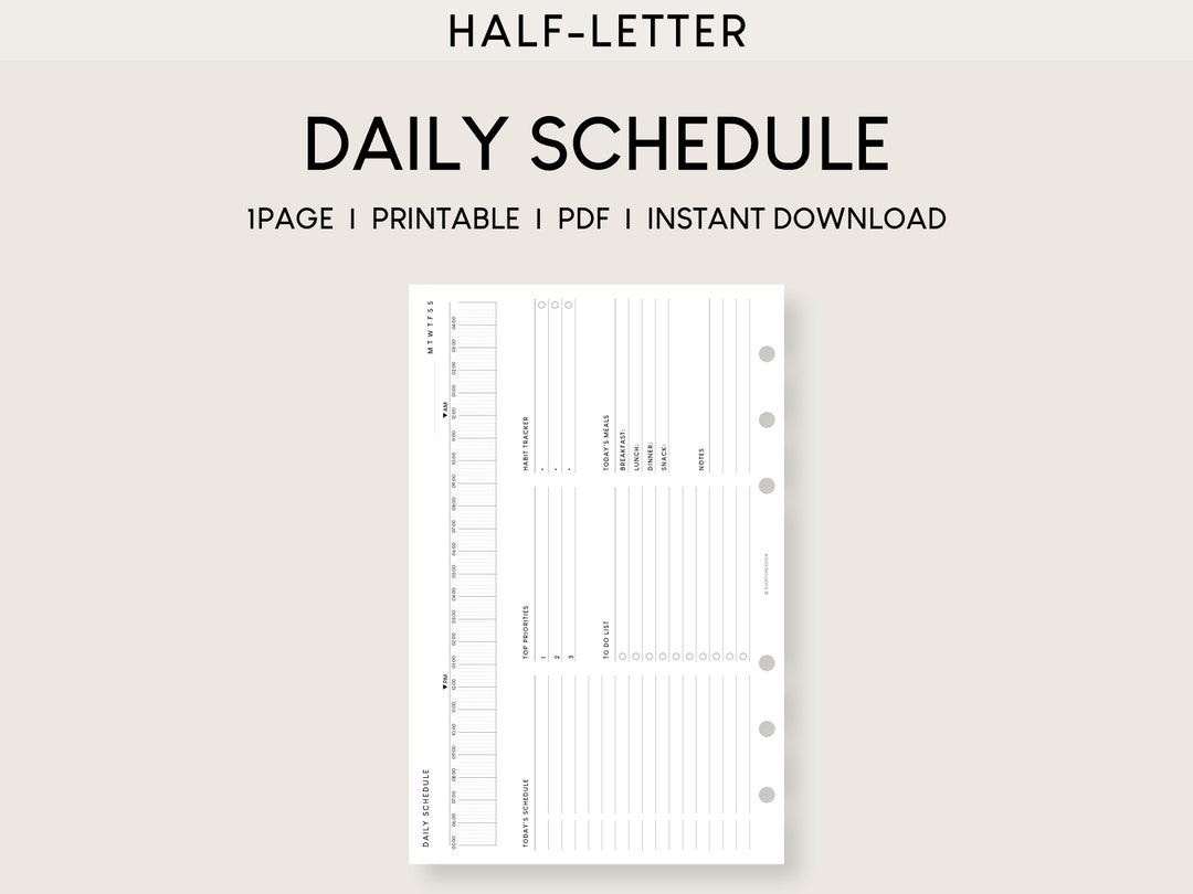 Daily Schedule Planner Half-letter Printable Inserts 24 Hour Blocking ...