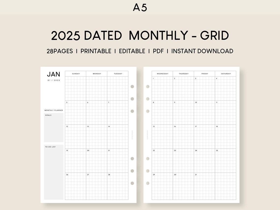 A5 2025 Monthly Calendar Printable: Grid Planner (editable PDF) - Etsy