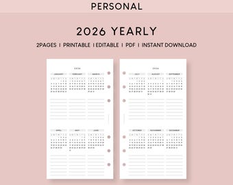 2026 Yearly Planner Printable Inserts: Personal Size (PDF Template)
