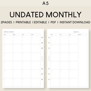 Undated Monthly Planner A5 | Minimalist Fillable PDF Template | Printable Undated Monthly 2Page | Month at a glance | Editable Digital PDF