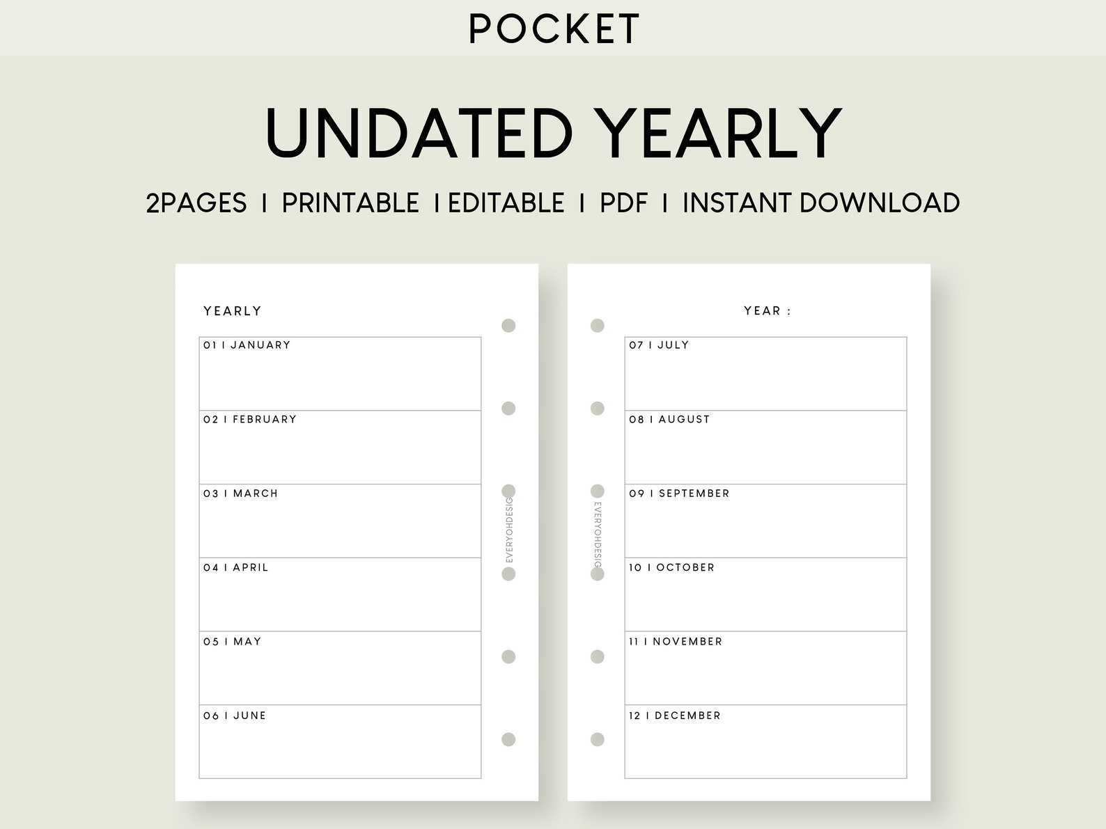 Pocket Undated Yearly Planner Printable Inserts Editable Annual Goal ...