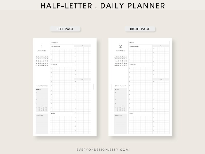 2026 Daily Planner Half-letter Printable Inserts: Hourly Timetable (PDF ...