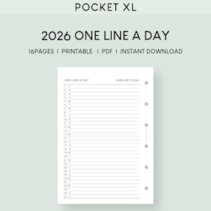 Op de afbeelding: Een witte plannerpagina met de tekst "2026 ONE LINE A DAY" en "POCKET XL" bovenaan. De pagina is voor januari 2026 en bevat regels voor elke dag van de maand. De woorden "16PAGES I PRINTABLE I PDF I INSTANT DOWNLOAD" zijn ook zichtbaar.