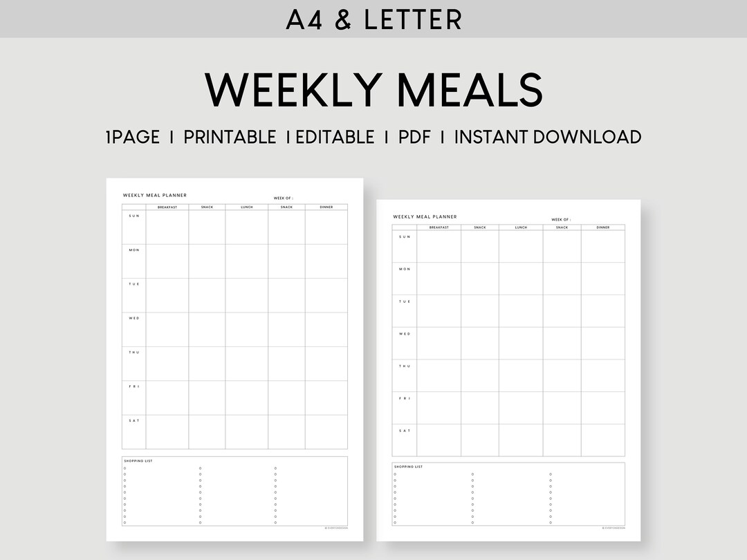 A4 & Letter Weekly Meal Planner | Printable Menu List Inserts ...