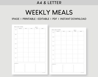 Planificador de comidas semanal A4 y carta / Inserciones de lista de menús imprimibles / Plantilla minimalista editable / Lista de compras de comestibles / Hoja de dieta para la familia