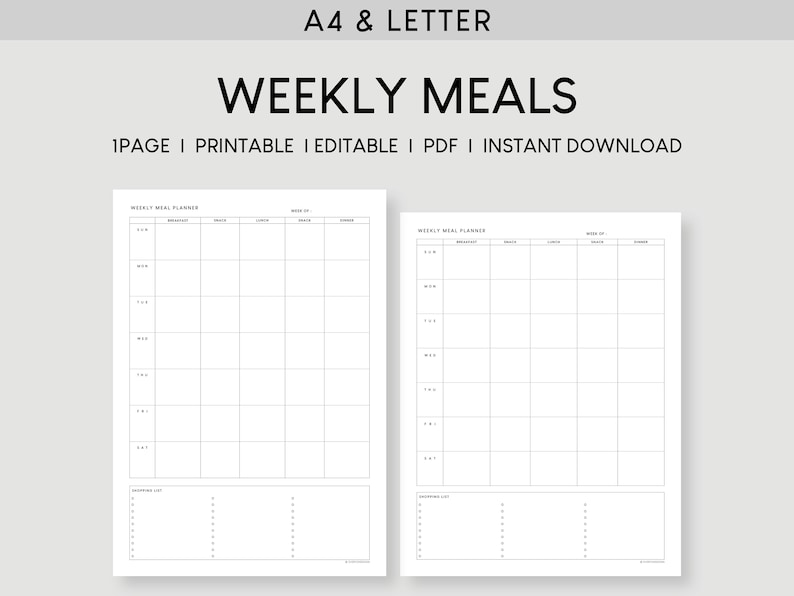 A4 & Letter Weekly Meal Planner Printable Menu List Inserts Editable