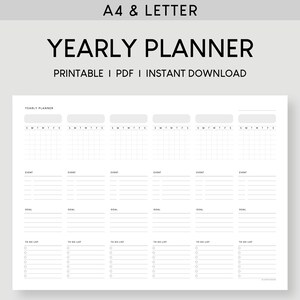 A4 およびレターの日付なし年間プランナー印刷可能挿入物 | イベント目標 To-Do リスト | ミニマリスト未来ログ | カレンダーによる計画 | 日曜日 月曜日