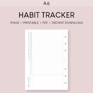 Puede incluir: Un rastreador de hábitos imprimible A6 con un diseño de cuadrícula para realizar un seguimiento de los hábitos diarios. El rastreador tiene una columna para cada mes del año y filas para cada día del mes. El rastreador está diseñado para usarse con un planificador de encuadernación en disco.