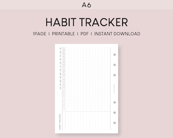 May include: A printable A6 habit tracker with a grid layout for tracking daily habits. The tracker has a column for each month of the year and rows for each day of the month. The tracker is designed for use with a disc-bound planner.