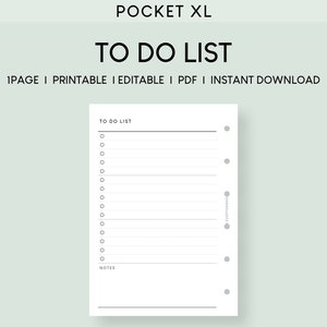 Puede incluir: Lista de tareas imprimible en blanco con el texto "TO DO LIST" en la parte superior. La página incluye una serie de círculos para casillas de verificación y líneas para escribir. El texto "POCKET XL" está en la parte superior, y "1PAGE I PRINTABLE I EDITABLE I PDF I INSTANT DOWNLOAD" está debajo.