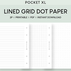 May include: Three printable pages of lined, grid, and dot paper in a pocket XL size. The pages have holes for a binder.
