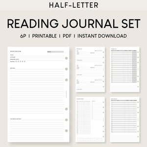 May include: Printable reading journal set in half-letter size. The set includes six pages: a book review page, a reading log page, a reading tracker page, a book wish list page, a reading challenge page, and a reading goals page. The pages are designed for use with a disc-bound planner.