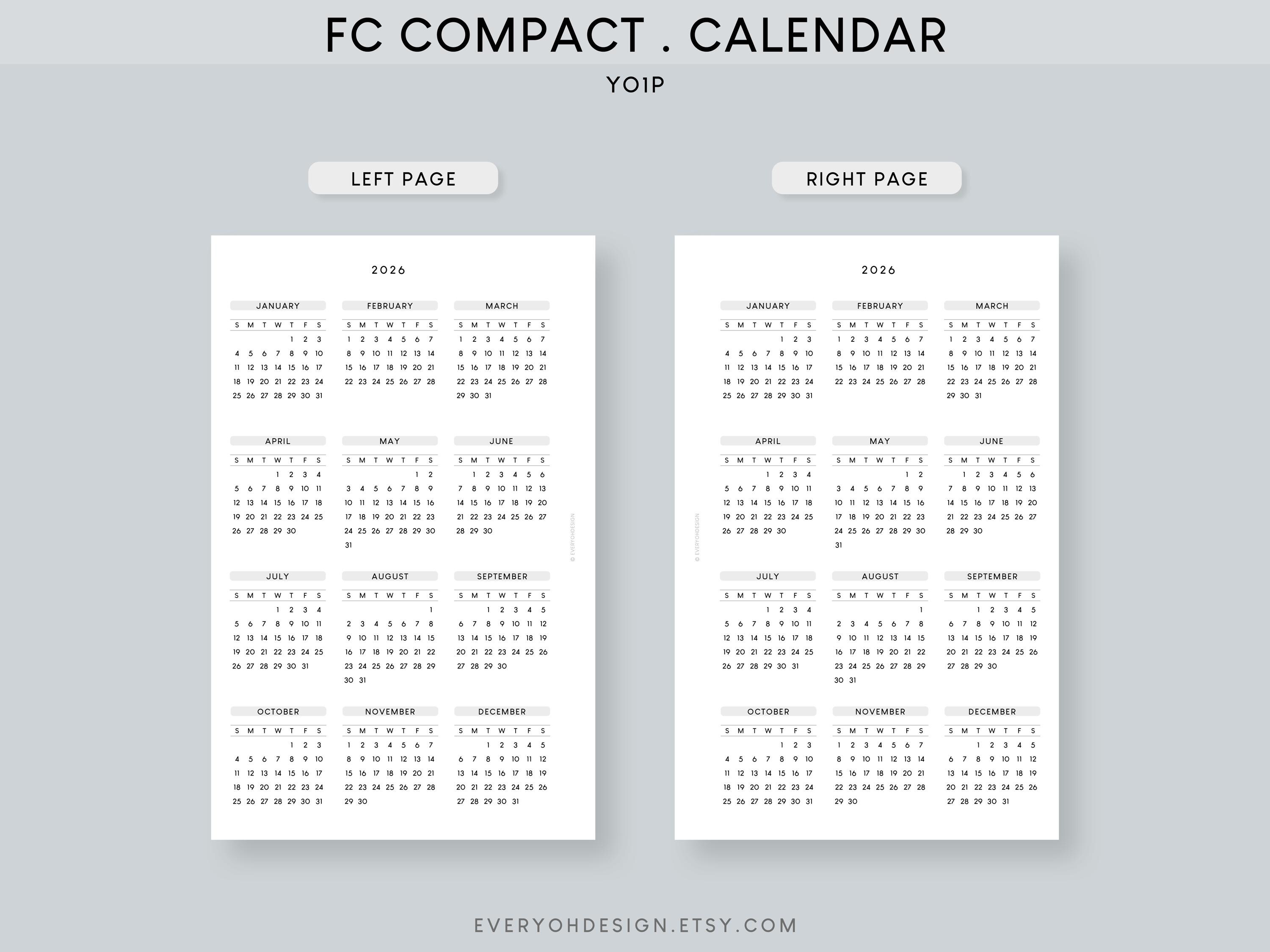 2026 Calendar FC Compact Printable Insert: Sunday Start (PDF) - Etsy