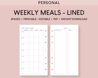 May include: A printable weekly meal planner with a lined layout. The planner includes sections for breakfast, lunch, dinner, and snacks, as well as a shopping list and notes section. The planner is designed for personal use.