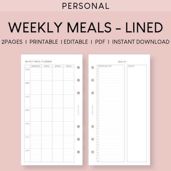 Personal Ring Weekly Meal Planner Printable Inserts | Minimalist Menu Planning Worksheet | 7 Day Eating Tracker Template | Shopping List Pad