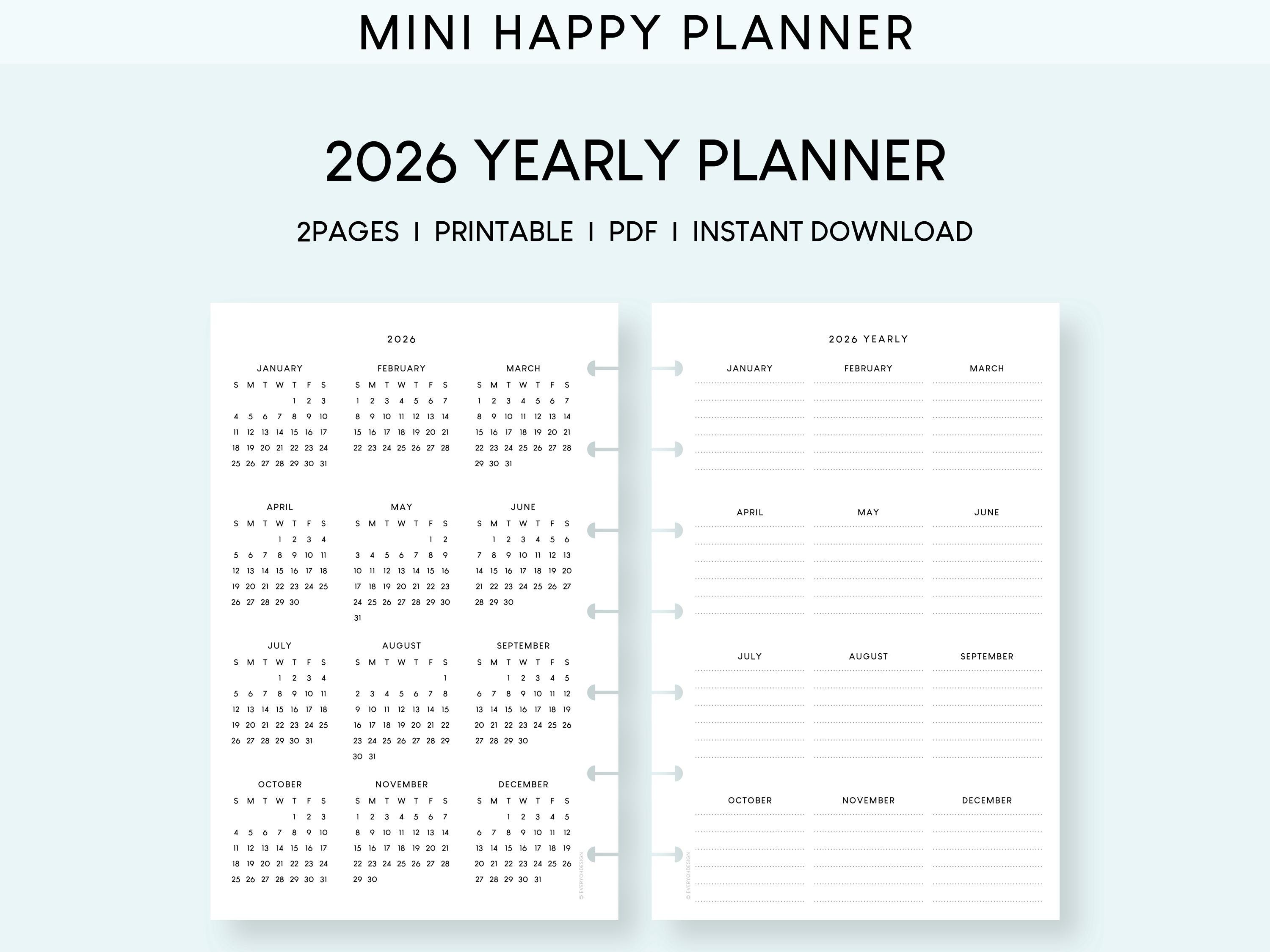 2026 Calendar Printable Inserts: Mini Happy Planner PDF - Etsy