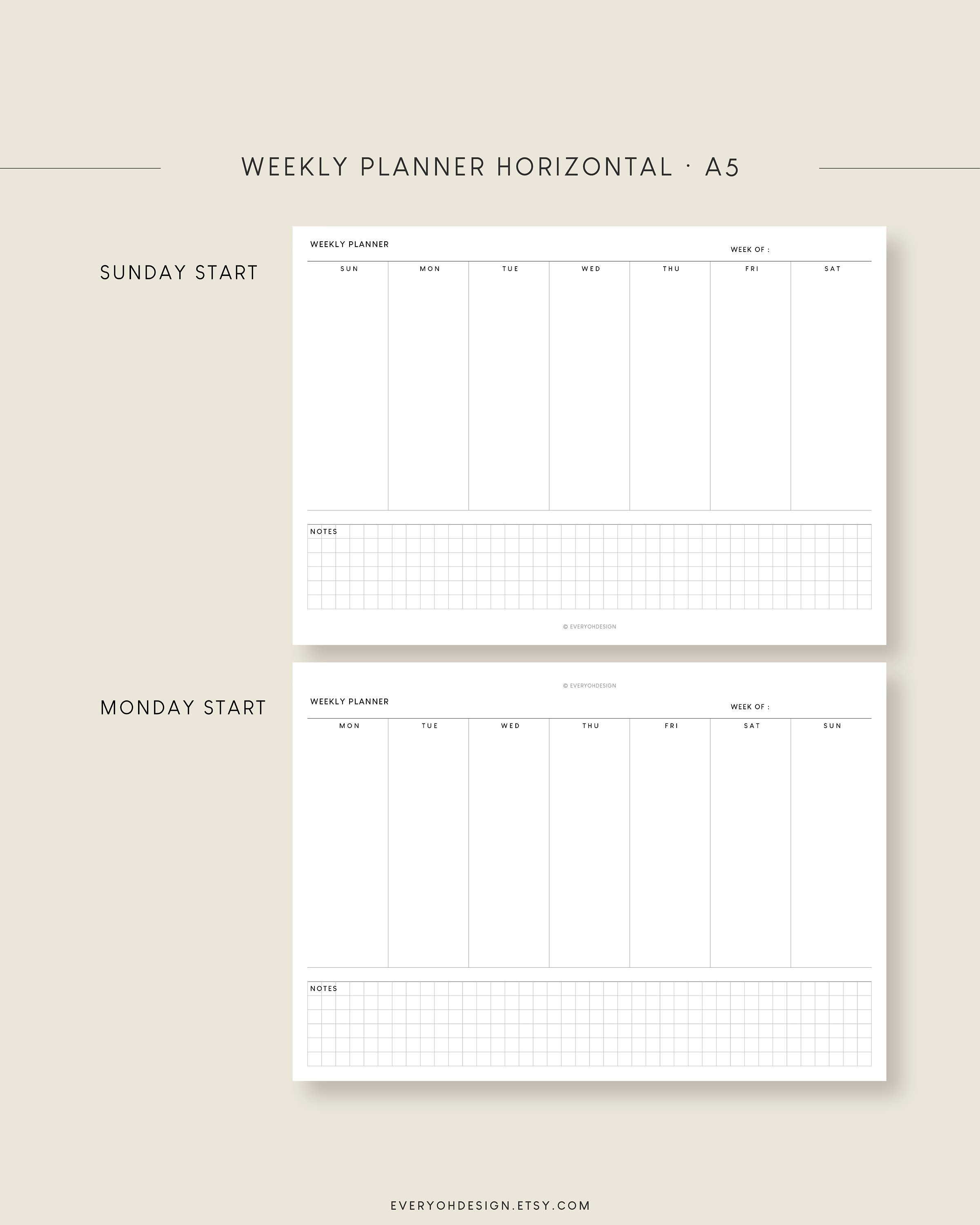 Weekly Planner Horizontal A5 Inserts Printable Undated Planner Editable ...
