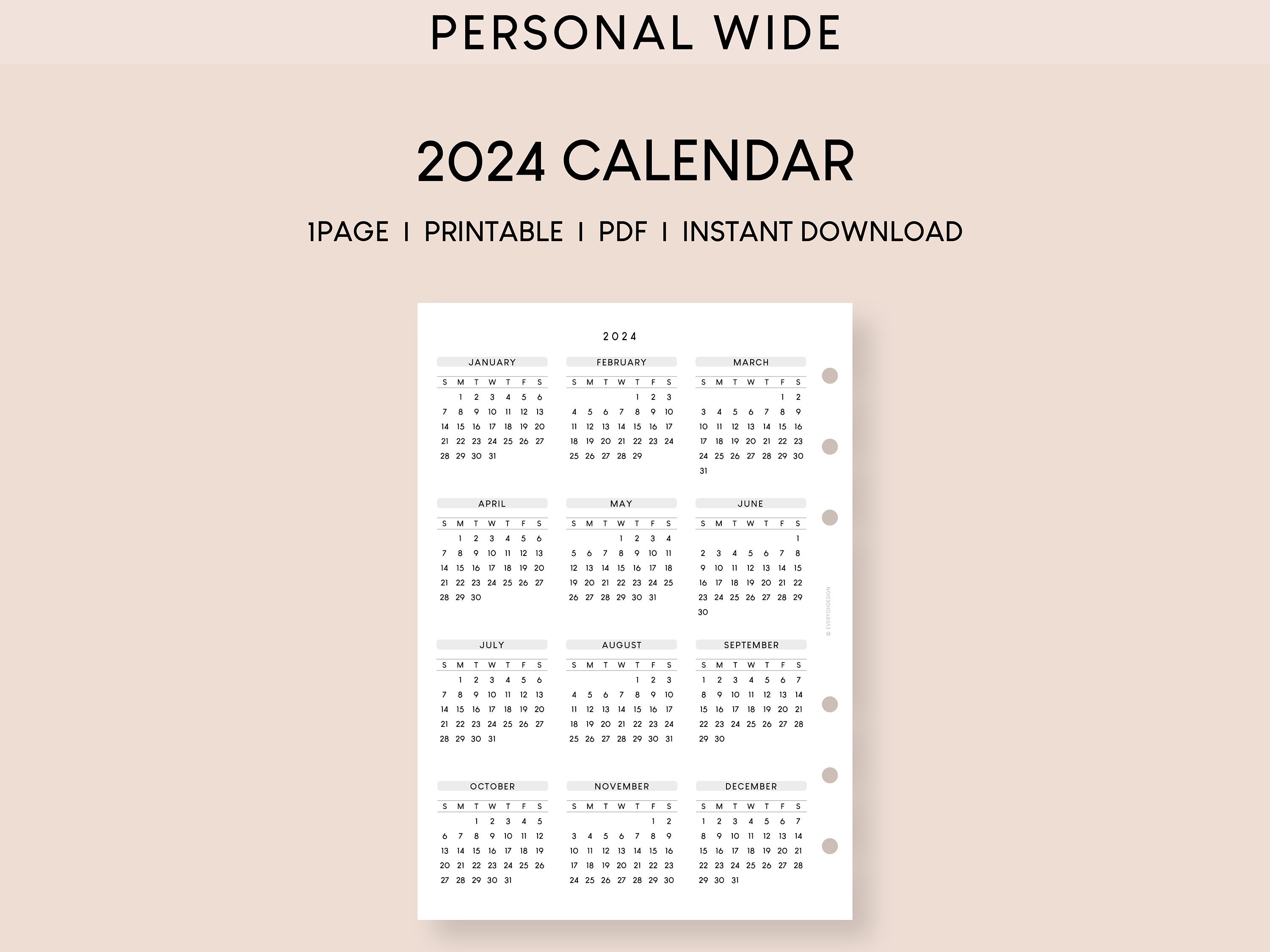 Personal Wide 2024 Calendar Printable Planner Insert Dated Yearly ...