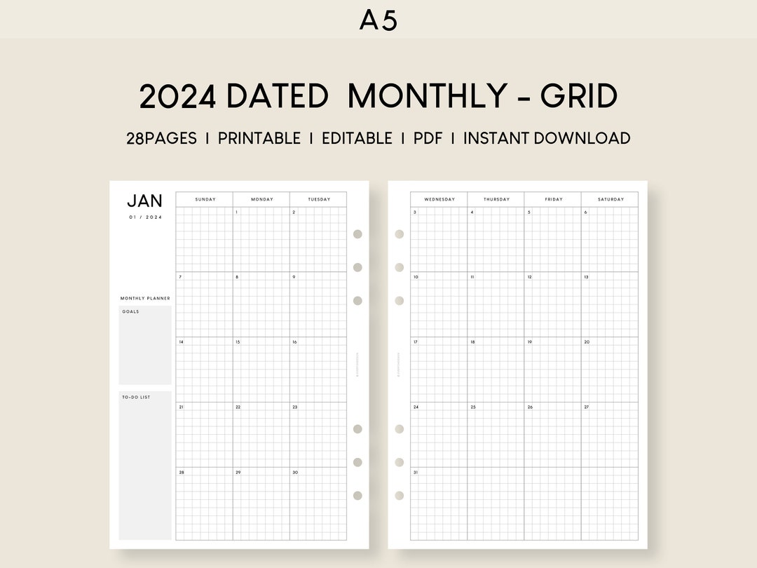 A5 2024 Calendar Monthly Printable Insert Editable Planner Template