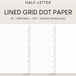 Lined Dot Grid Note Paper Half Letter Inserts | 3 Type Note Page | Minimalist Planner Refills | Bullet Journal Grid Dot Paper | Notebook