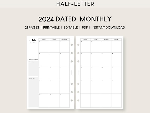 Half Letter 2024 Monthly Calendar Printable Template Editable Dated Planner Insert Month at A Glance Schedule Management Spreadsheet - Etsy
