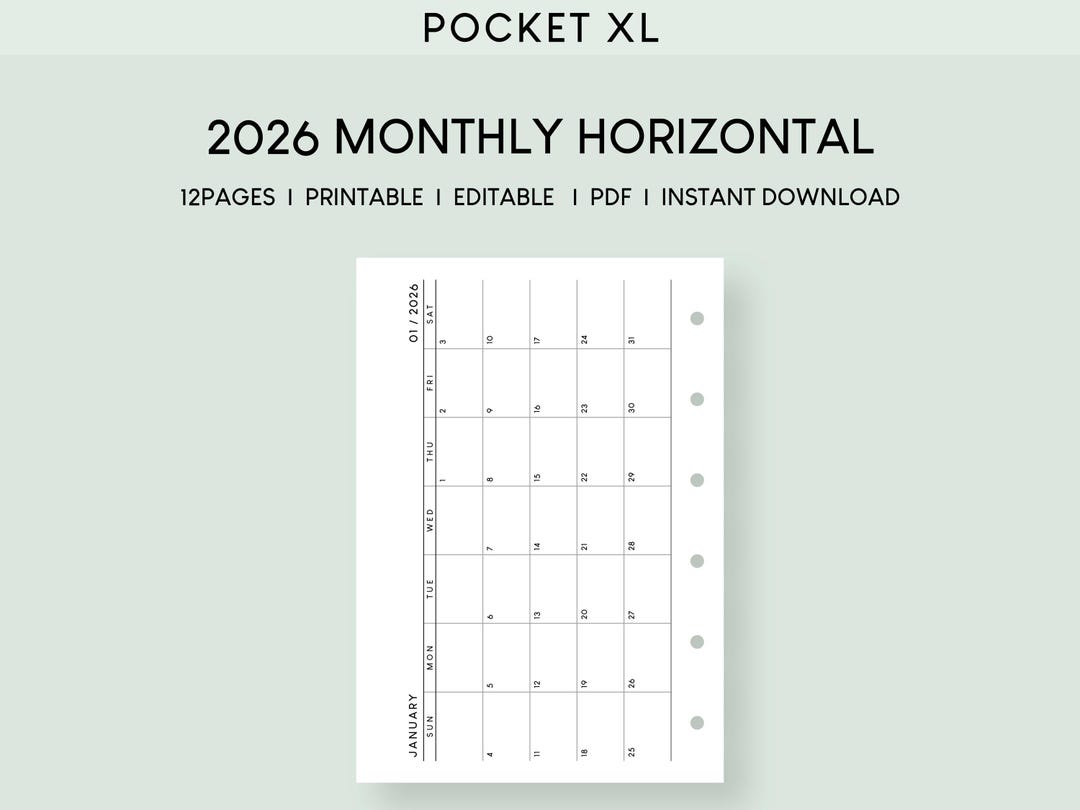 2026 Monthly Planner Insert: Pocket Plus XL, Horizontal (printable ...