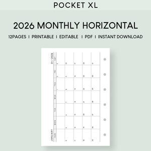 Inserto per planner mensile 2026: Pocket Plus XL, orizzontale (PDF stampabile e modificabile)
