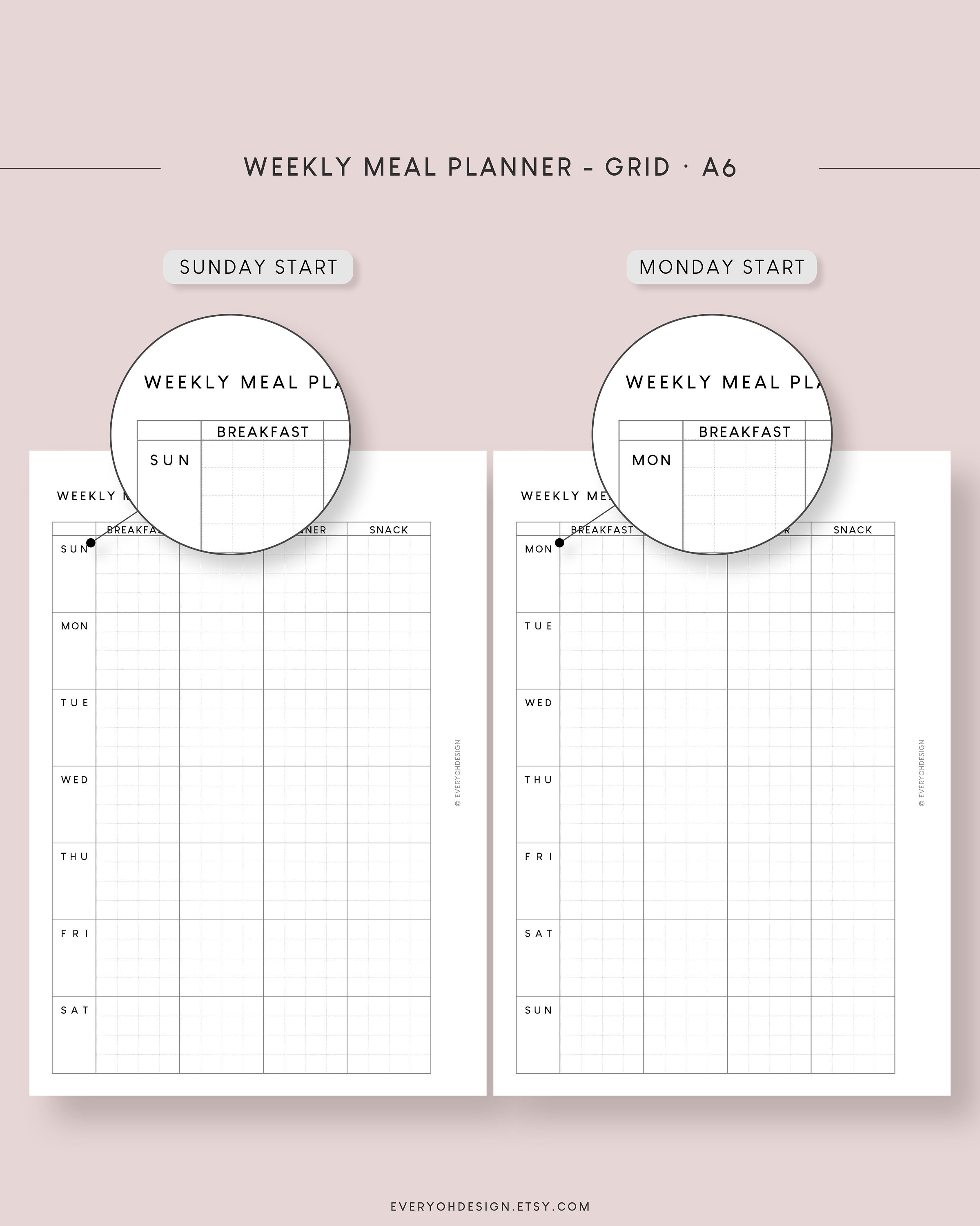 A6 Meal Weekly Planner Grid Printable Inserts | Edit Menu Planning ...