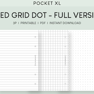 May include: A printable PDF download of three different types of paper: lined, grid, and dot. The paper is designed for a pocket-sized notebook and has holes on the side for binding.