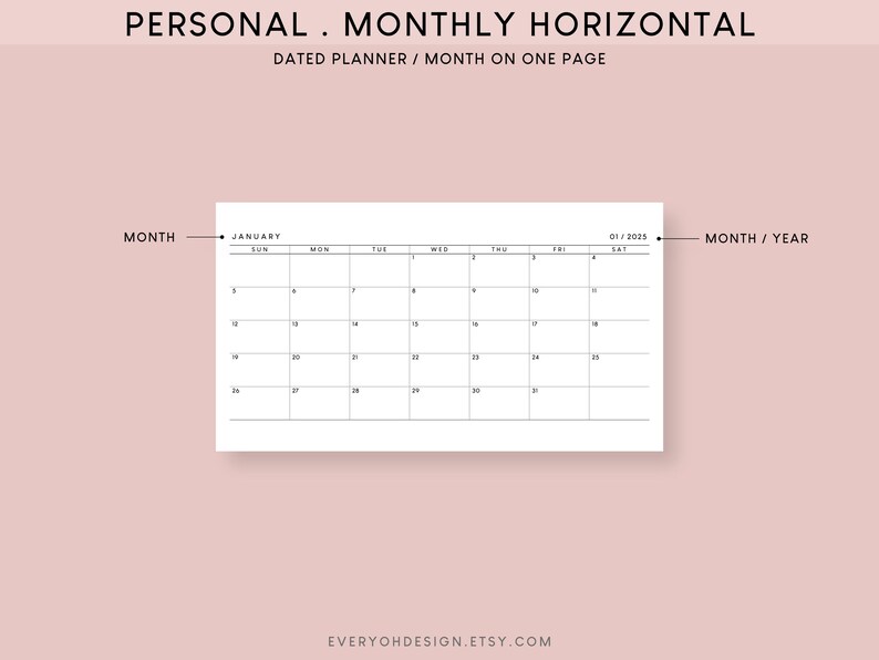 Printable 2025 Monthly Planner Horizontal Inserts | Dated Calendar ...