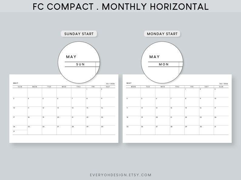 2026 Monthly Planner FC Compact Printable Inserts: Horizontal Layout ...