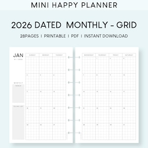 2026 Mini HP Planner Monthly Printable Inserts:  Grid, Goal & To-Do List