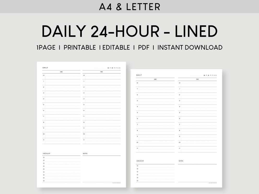 A4 & Letter Daily 24 Hour Planner Printable | Undated Scheduler ...
